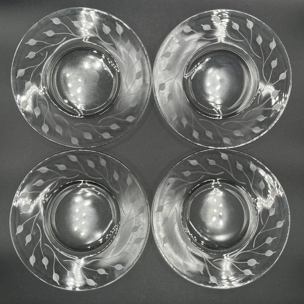 Vtg Etched Glass Salad Dessert Luncheon Plates Set of 8 Leaf Vine Clear 8